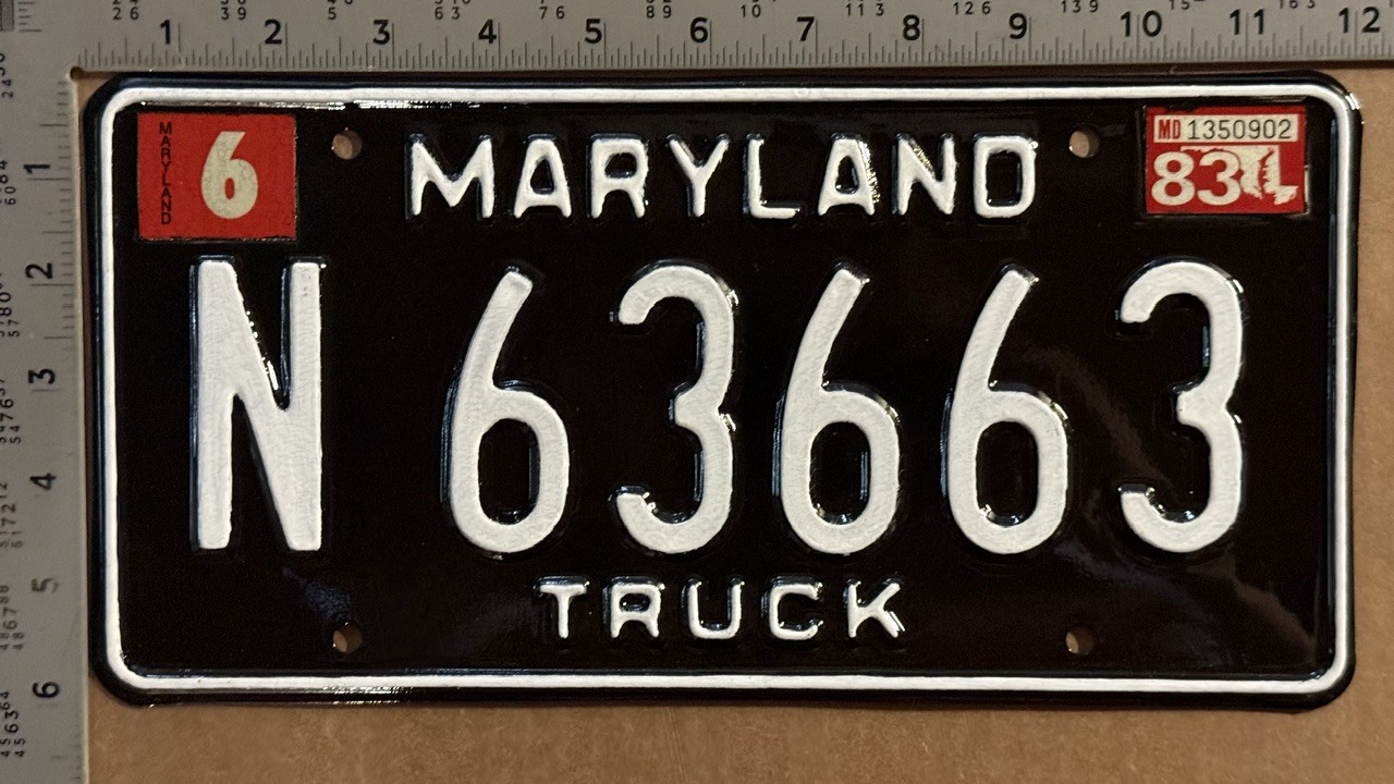 1983 Maryland truck license plate N 63663 BLACKOUT RESTORED 24573