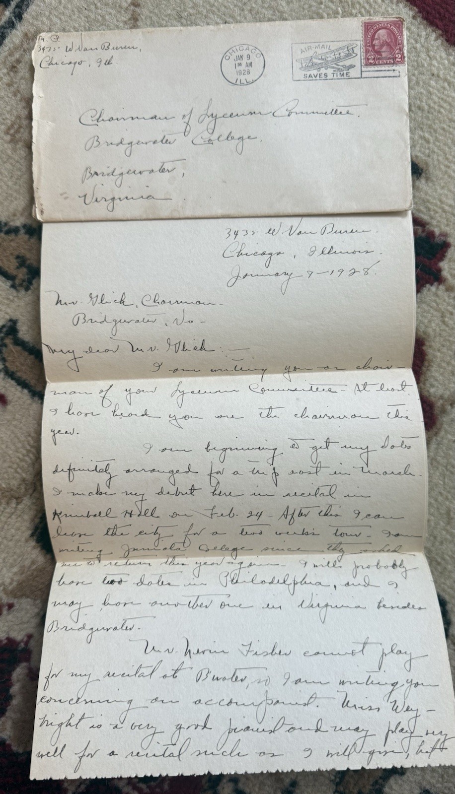 1928 LETTER ENVELOPE CHAIRMAN LYCEUM COMMITTEE BRIDGEWATER COLLEGE VIRGINIA G 1928 LETTER ENVELOPE CHAIRMAN LYCEUM COMMITTEE BRIDGEWATER COLLEGE VIRGINIA G