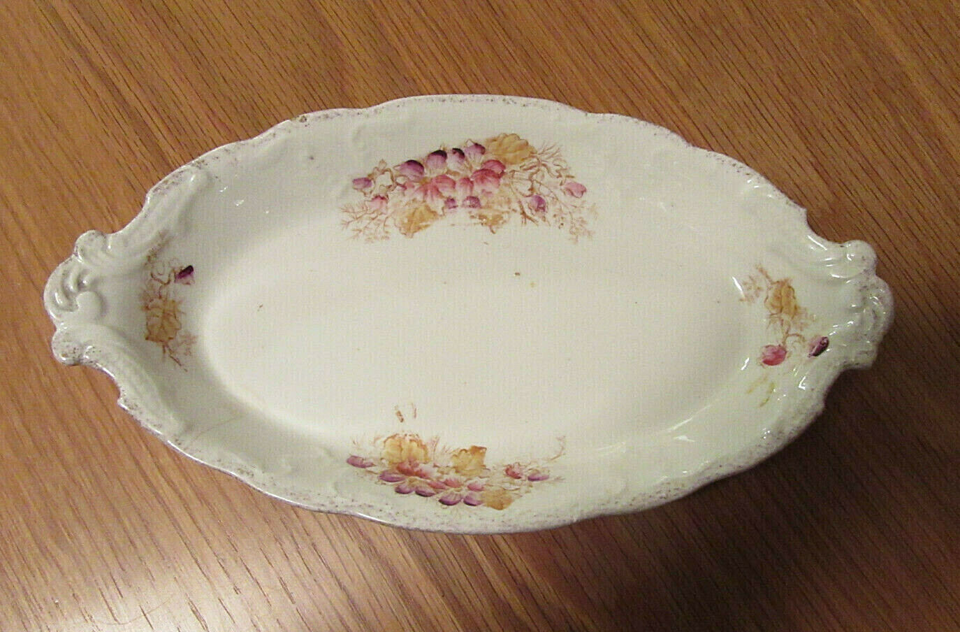 Antique Unknown Oval Handpainted China Tray 9.5” Cream & Floral, Gold Trim, Used