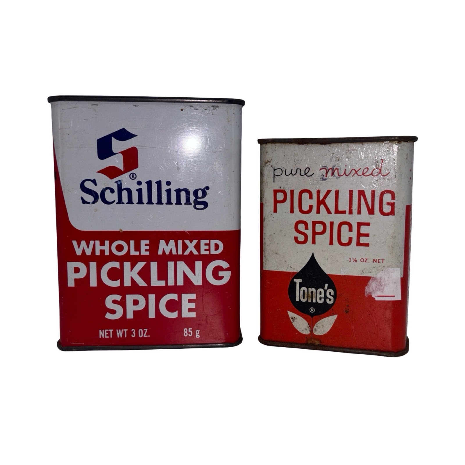 Vintage Schilling and Tone\'s Pickling Spice Tins Set of 2 Kitchen Collectibles