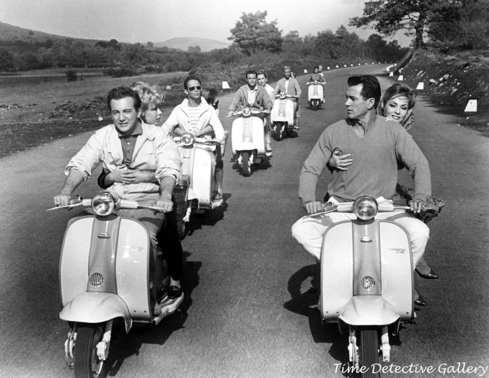 Bobby Darin, Sandra Dee, Rock Hudson, & Gina Lollobrigida on Vespas - 1961