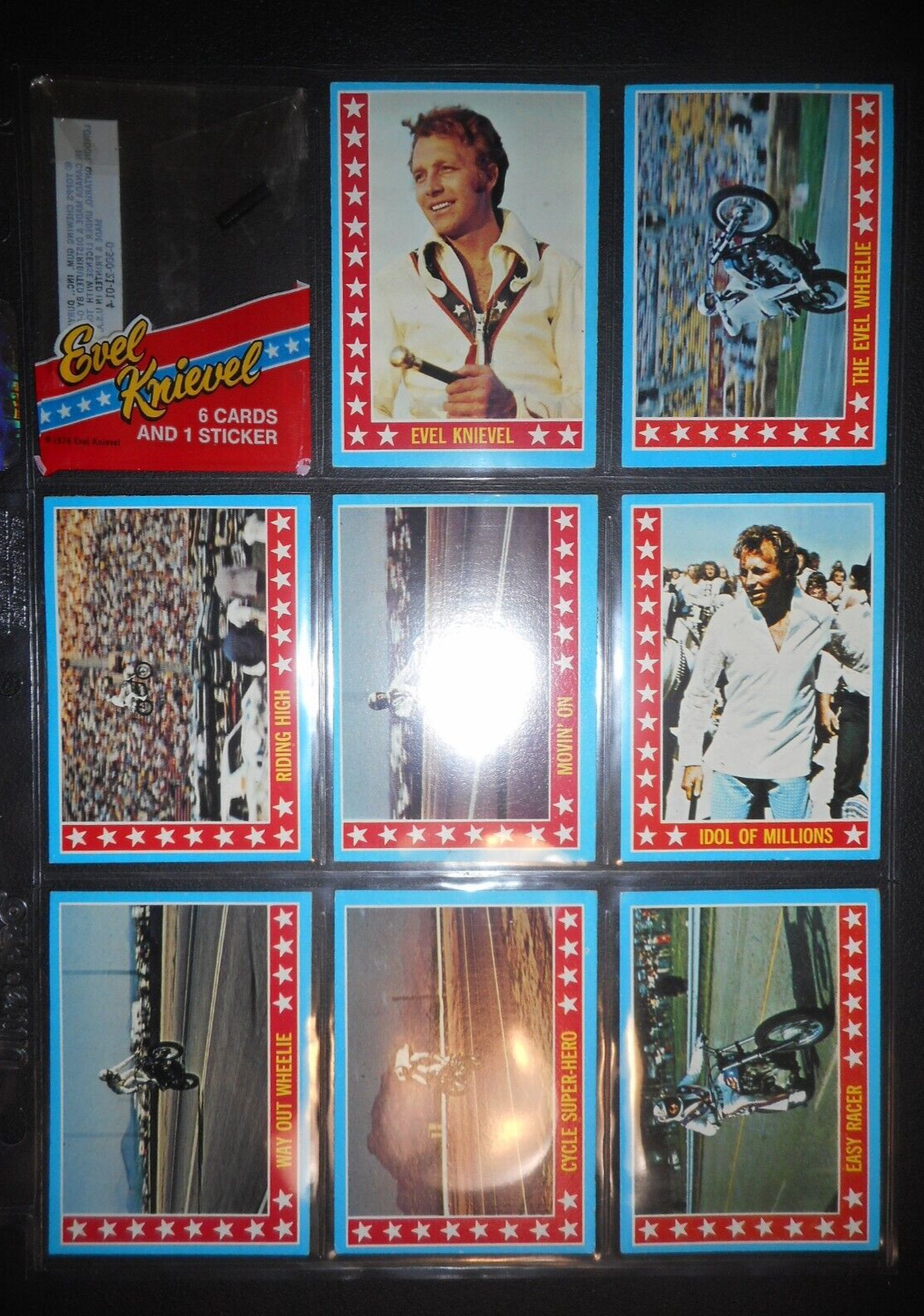 1974 EVEL KNIEVEL COMPLETE (60) CARD SET + ORIGINAL WRAPPER TOPPS (CLEAN EX+/NM)