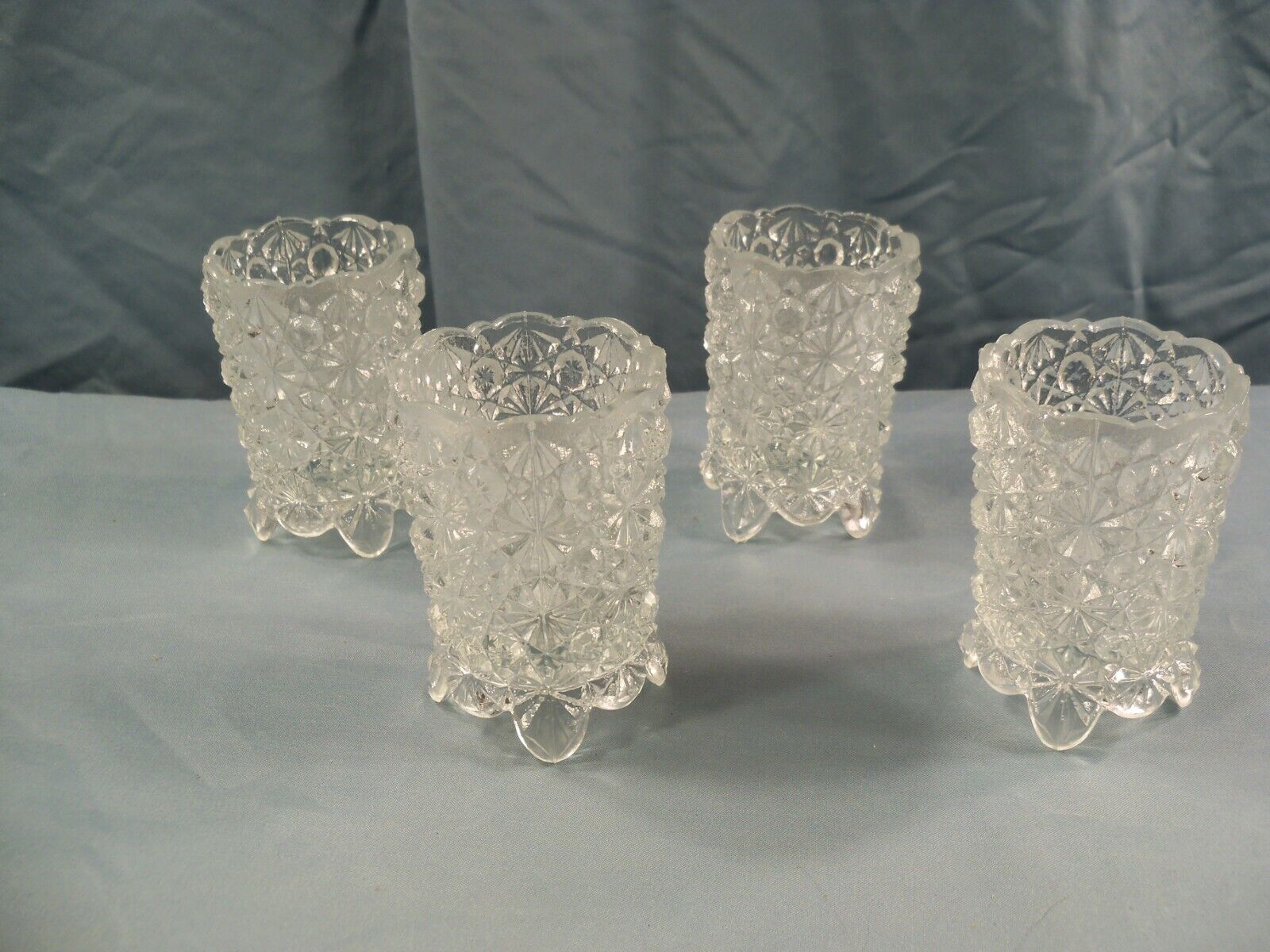 4 Clear Glass Daisy & Button Footed Pegged Peg Votive Candle Toothpick Holders