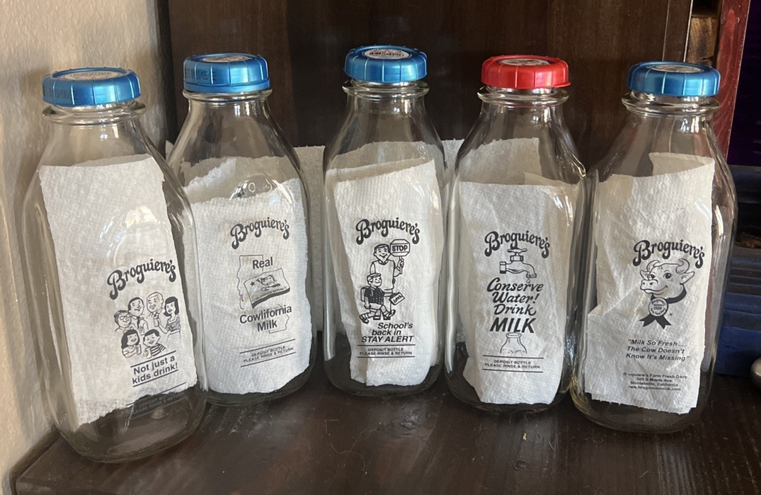 Broguiere’s Glass Milk Bottles Four Different Logos 5 Bottles