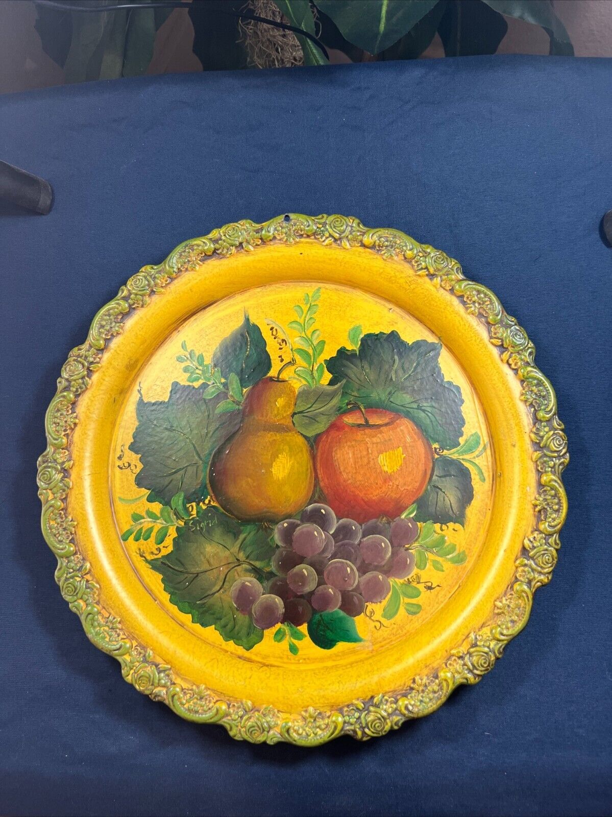 Vintage Hand Painted Round Tole Tray Fruit