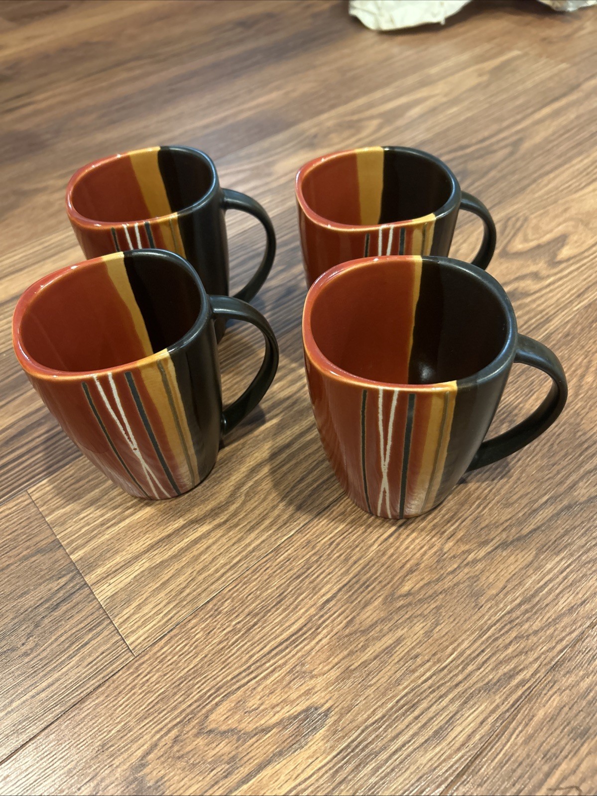 (2) Home Trends Bazaar Coffee Mug Cup - Red Brown Tan Stripes- Ceramic Stoneware