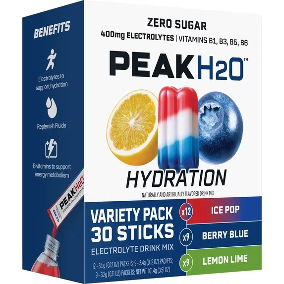 Peak H2O Hydration Electrolyte Drink Mix Variety Pack, Sugar-Free, 30 Count Peak H2O Hydration Electrolyte Drink Mix Variety Pack, Sugar-Free, 30 Count