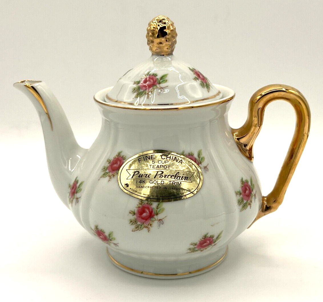 Westwood Imports Fine China Teapot Pure Porcelain 14K Gold Trim Ditsy Rose Japan