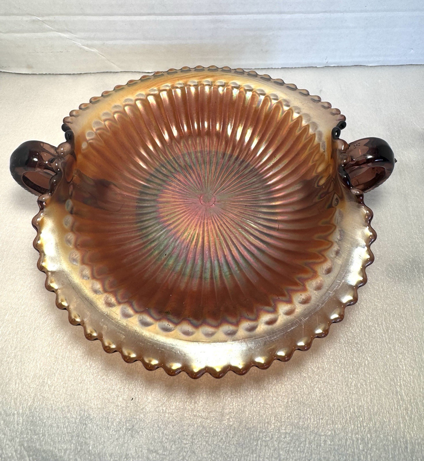 Northwood Iridescent Carnival Glass Smooth Rays 7” Bonbon 1905–1915
