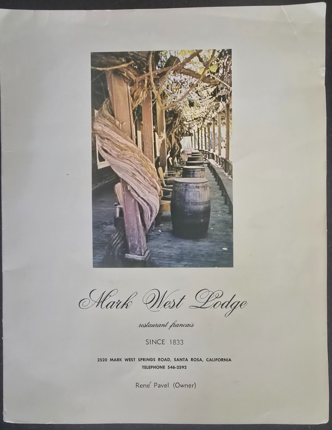 Vintage 1960\'s Menu, Mark West Lodge, Santa Rosa, CA