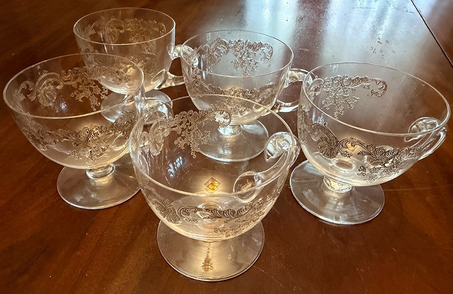 Vintage Fostoria MAYFLOWER - 22K Gold Encrusted Crystal Punch Cups - Set of 5