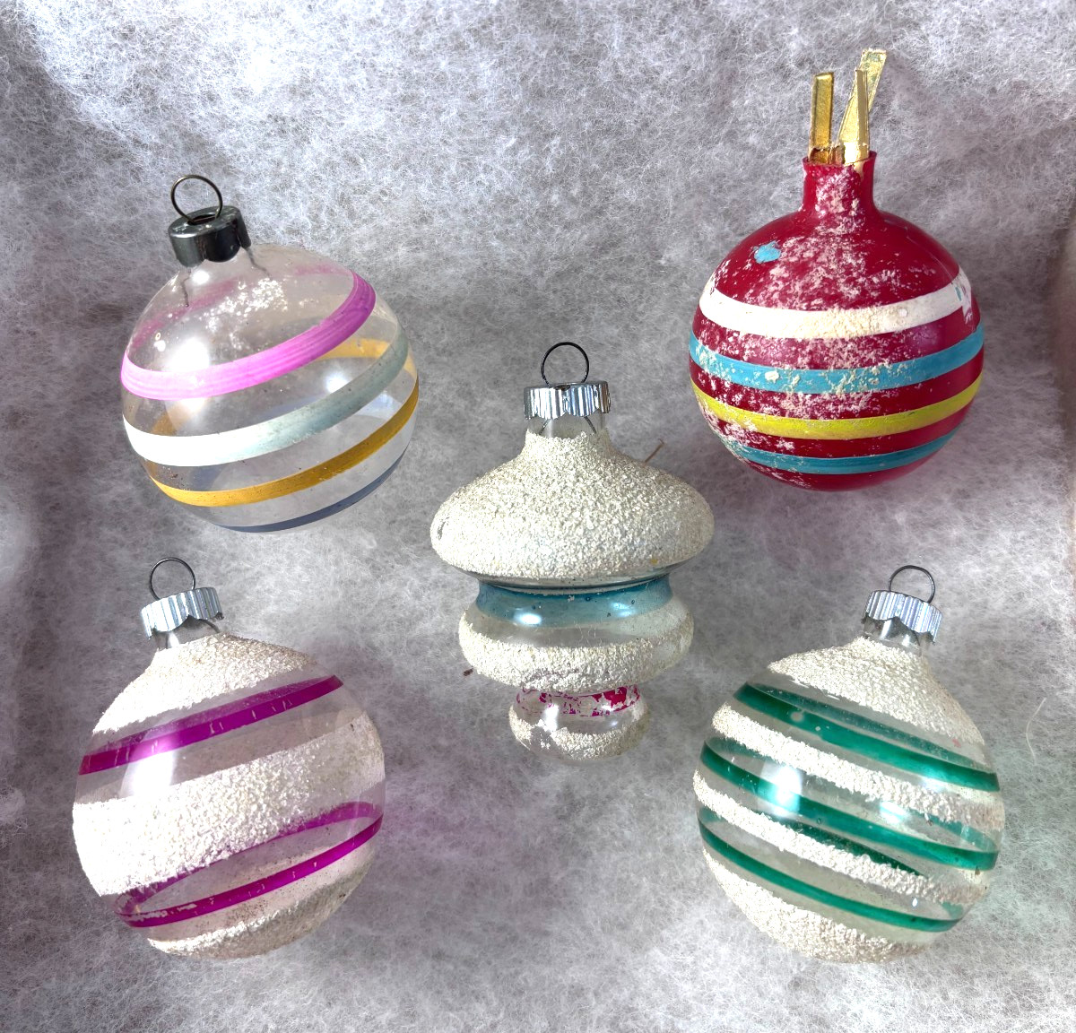 5 Vtg USA Unsilvered Glass Striped Christmas Ornaments 3 Shiny Brite with Mica
