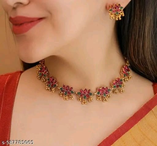 Lotus Blossom Necklace Set with Earrings Lotus floral motifs with enamels