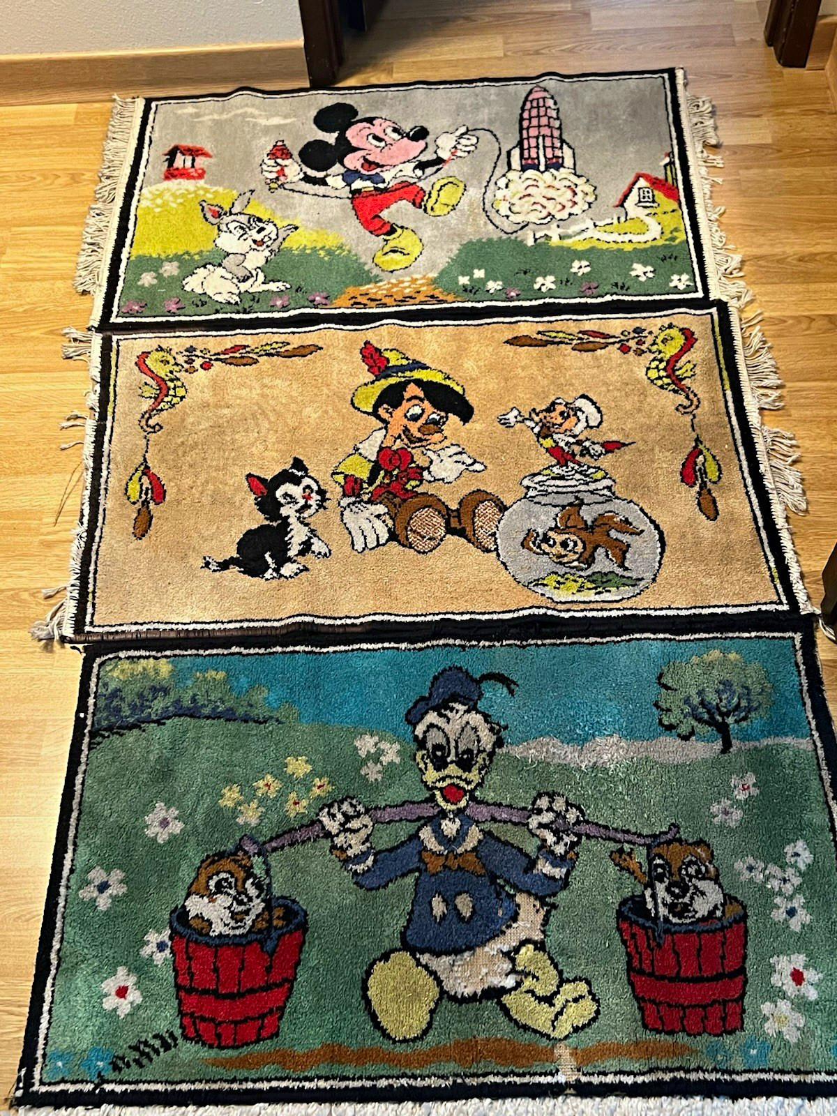 Disney Character Throw Rug Lot of 3 w/ Fringe Mickey Mouse Donald Duck Pinocchio