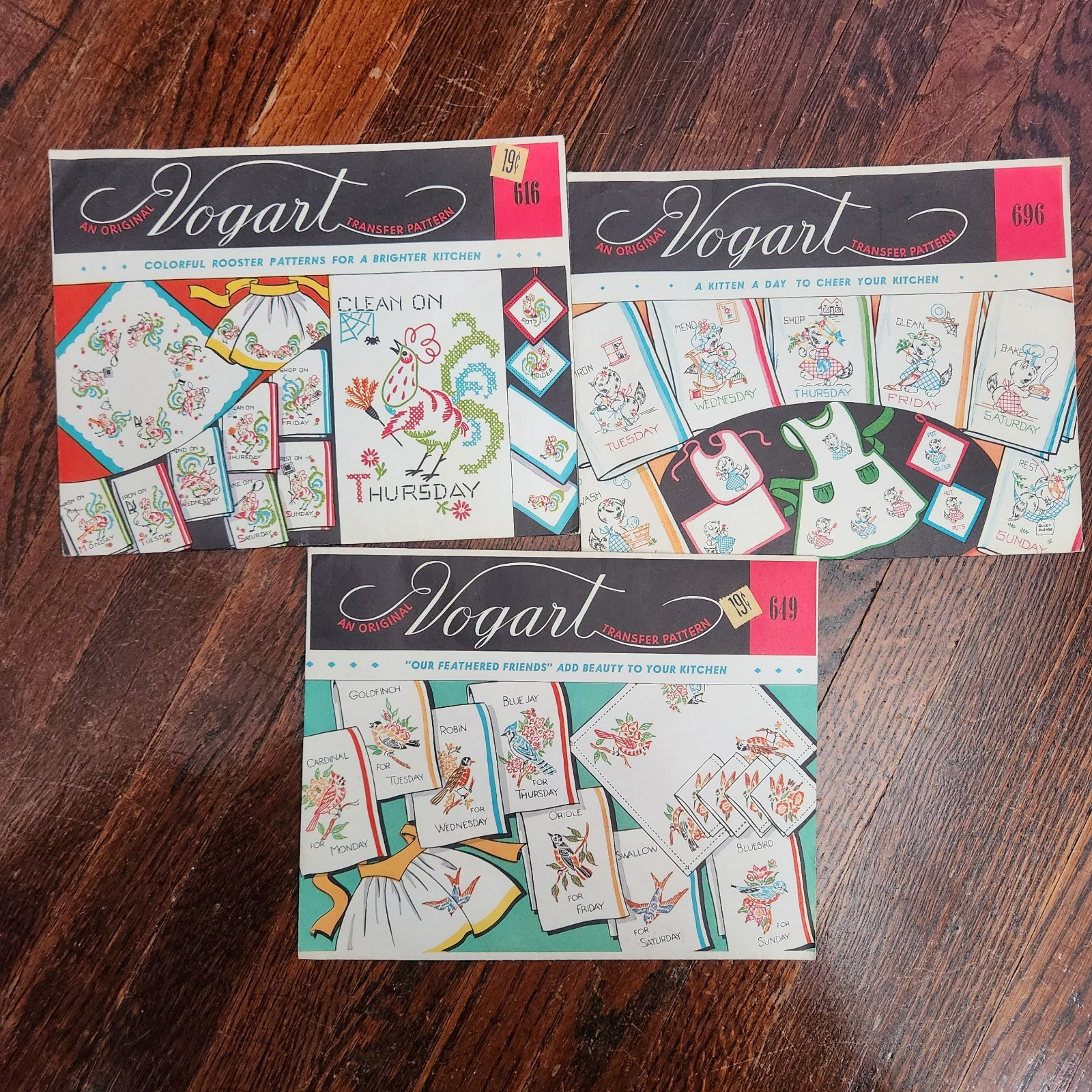 Vtg VOGART Iron-On Embroidery Transfer Patterns Roosters Birds Kittens 3 Vtg VOGART Iron-On Embroidery Transfer Patterns Roosters Birds Kittens 3