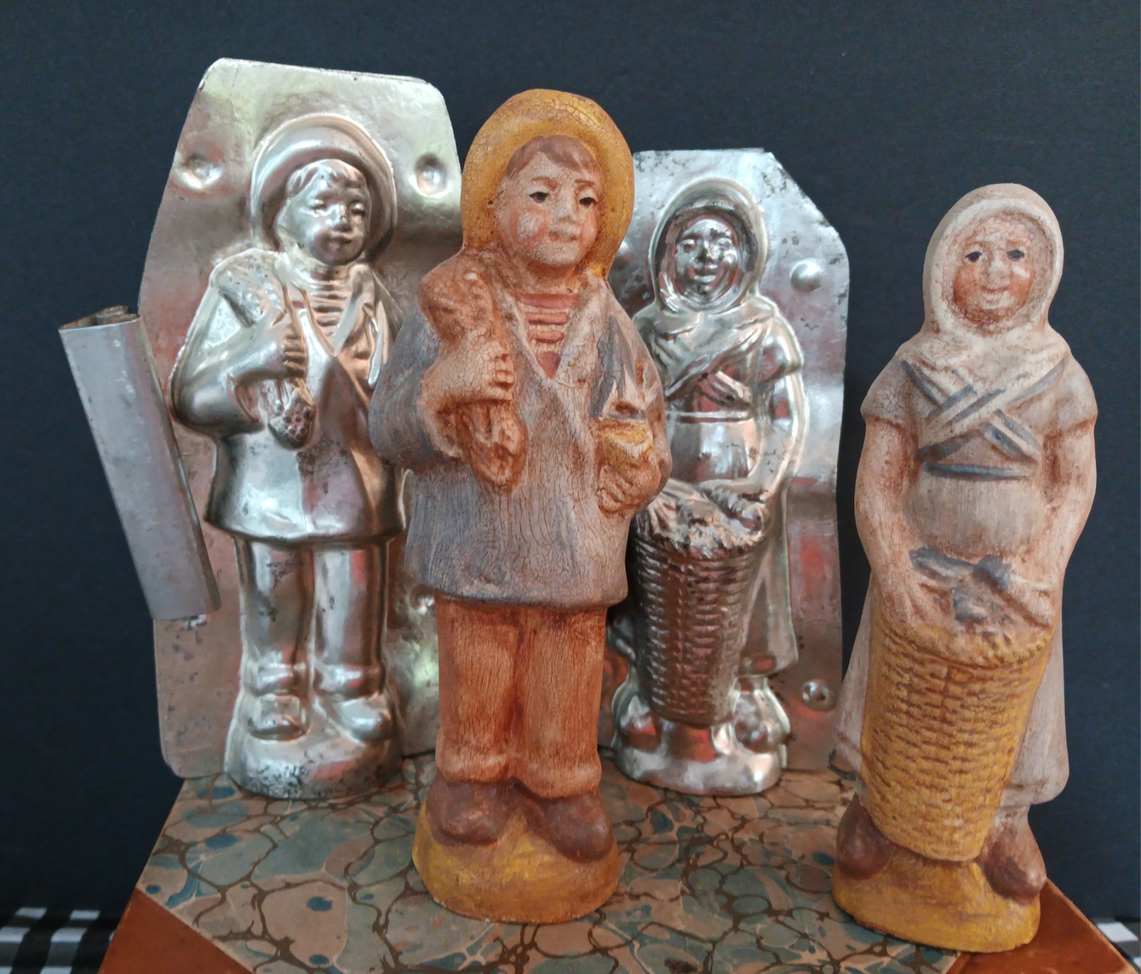 Vintage French Peasant Fishing Village Pair, Chocolate Molds & Chalkware Figures
