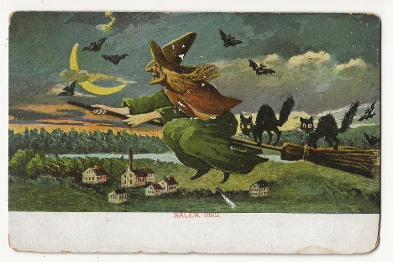 EARLY 1900s HALLOWEEN VIEW 1692 SALEM WITCH BROOM / 6 BATS / 2 BLACK CATS / MOON