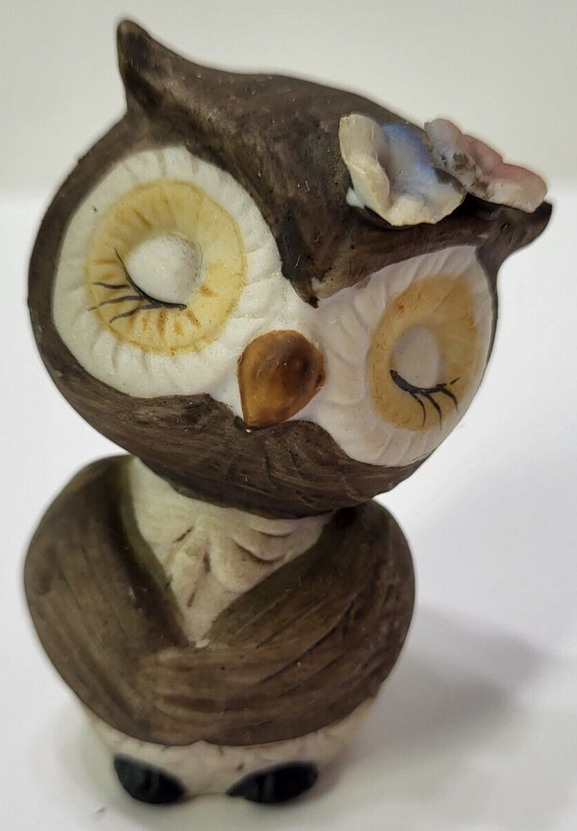 Vintage Kitschy Ceramic Bird Owl Eyes Closed Flowers on Head Figurine  Porcelain