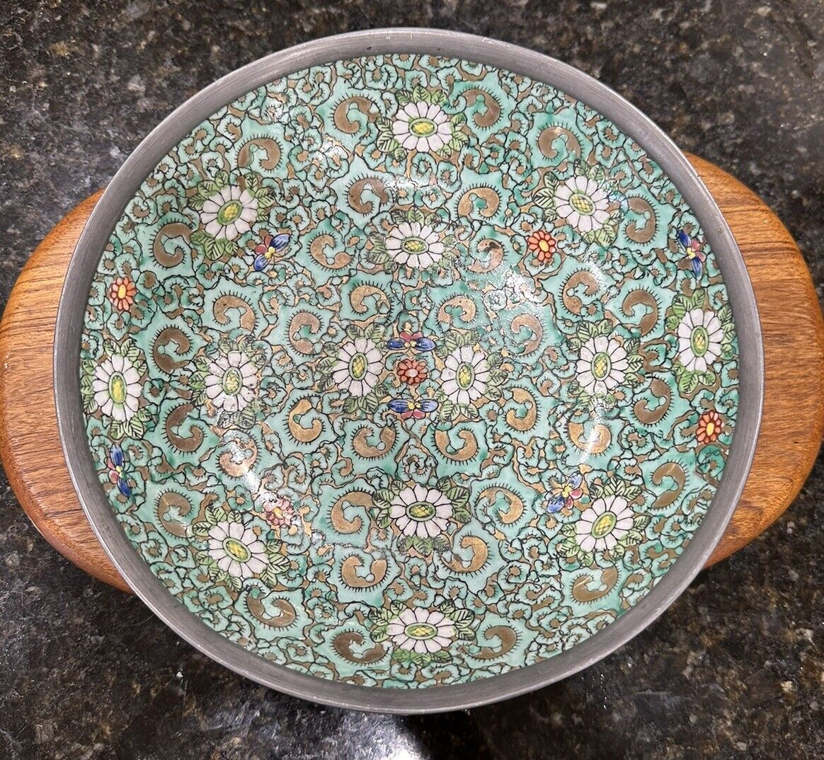 Large Japanese Porcelain Ware Pewter-Encased Cloisonné Decorative Floral Bowl