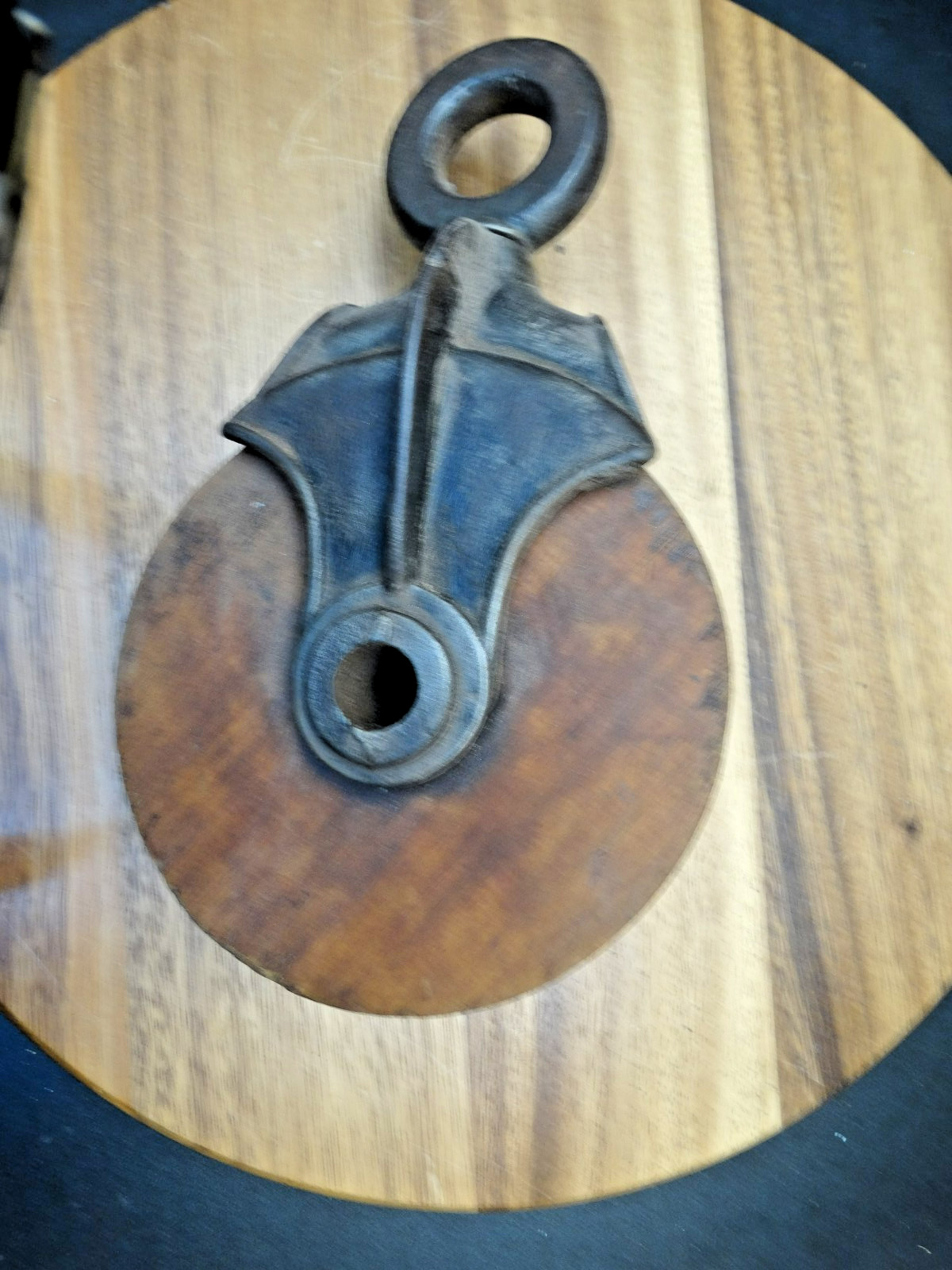 Antique F.E. MYERS Steel & Wood Tackle Pulley Block, Wheel, Barn Hay Trolley