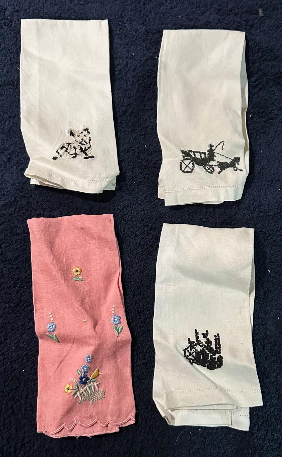1920’s Antique Women Embroidered Hankie Handkerchief Dog / Chuck Wagon / Flowers