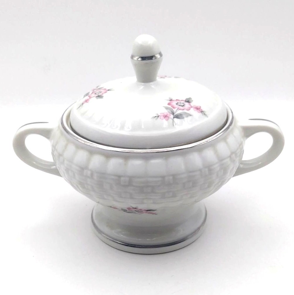Hall China Covered Sugar Bowl Forman Family Porcelain Floral Handles USA Vintage