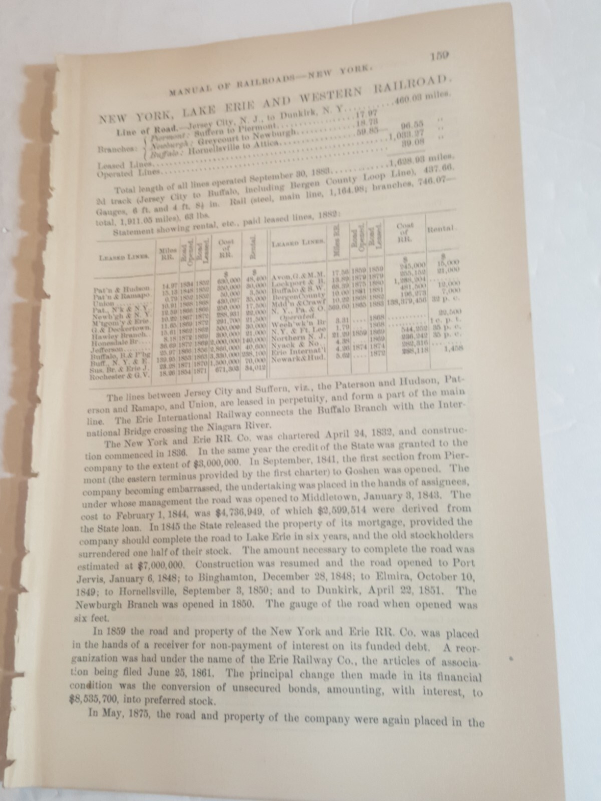 ☆1884 train report NEW YORK LAKE ERIE & WESTERN RAILROAD Piermont Hornellsville 