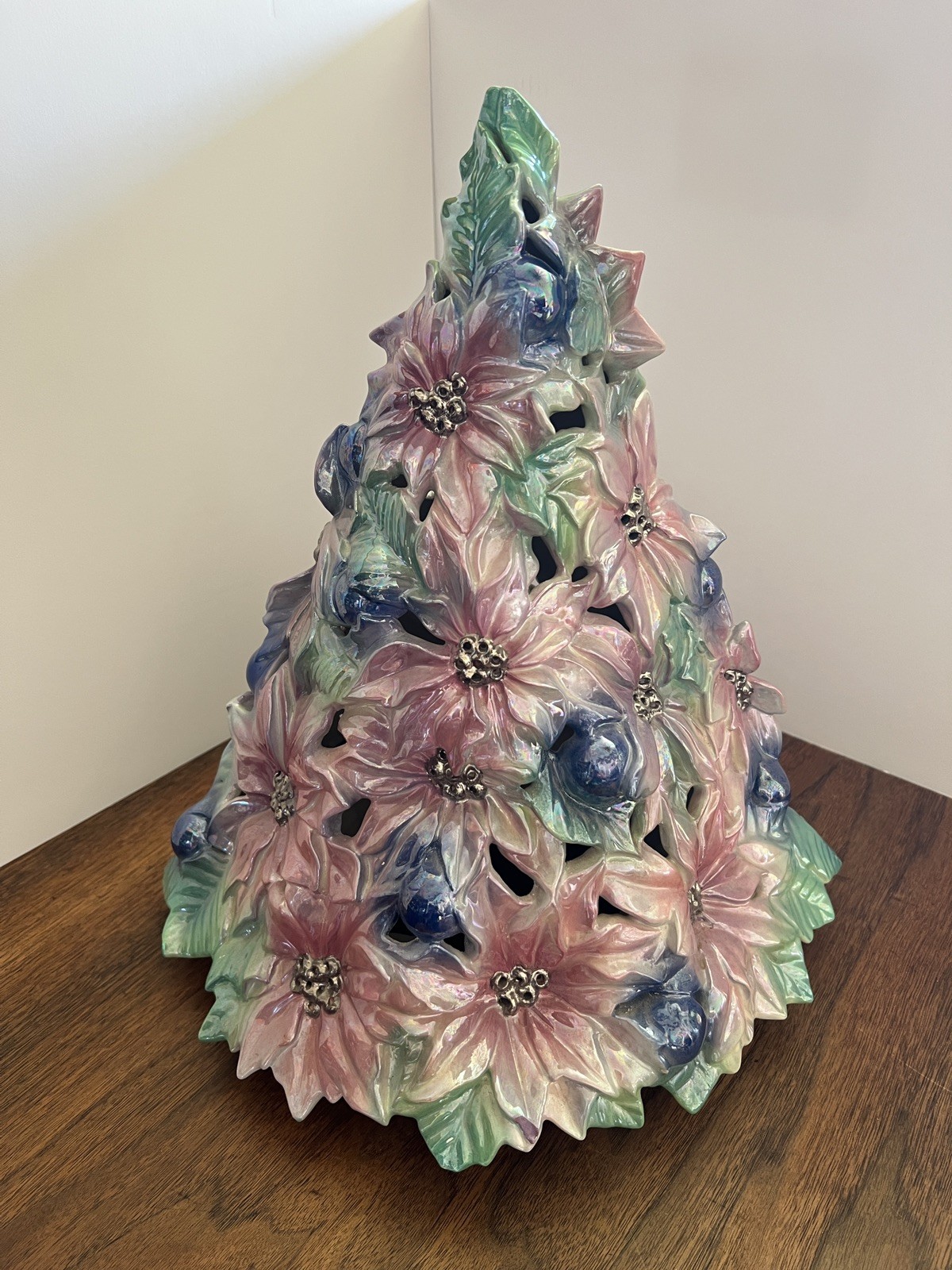 Atlantic Mold Poinsettia Christmas Tree Ceramic Vtg Pastel Pink Mauve Silver