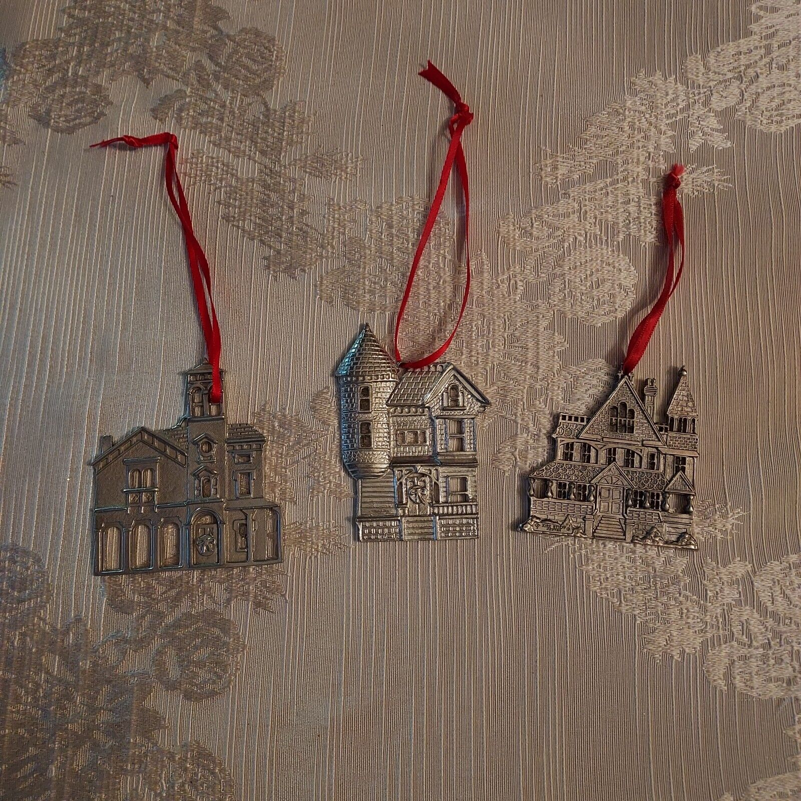 Vintage Kirk Stieff Pewter Christmas Ornaments Victorian Houses Lot of 3