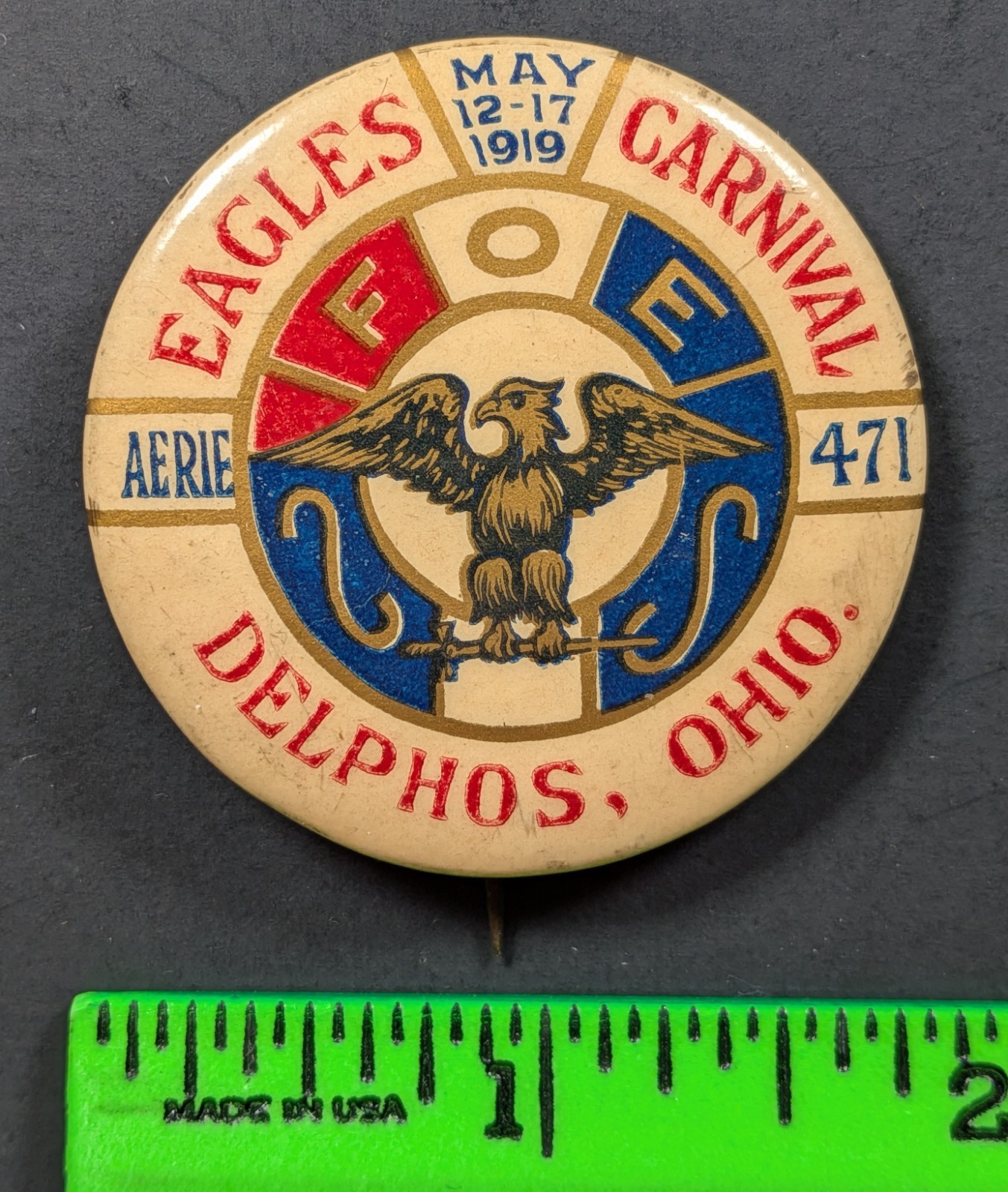 Vintage 1919 FOE Eagles Carnival Delphos Ohio Pinback Pin