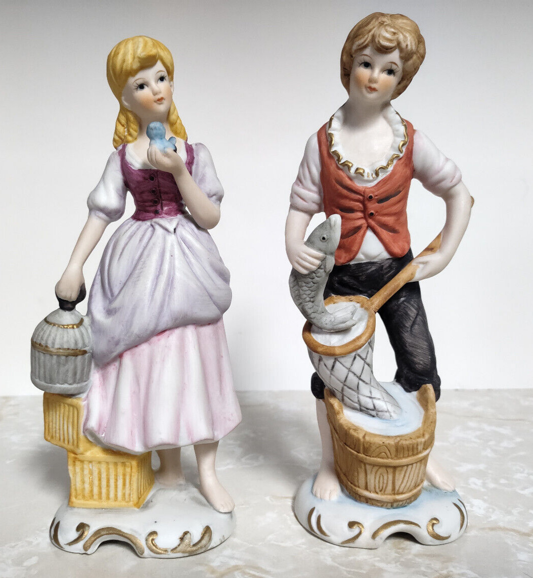 Enesco Young Man with Fish and Net and Young Lady with Bird and Cage Figurines 2