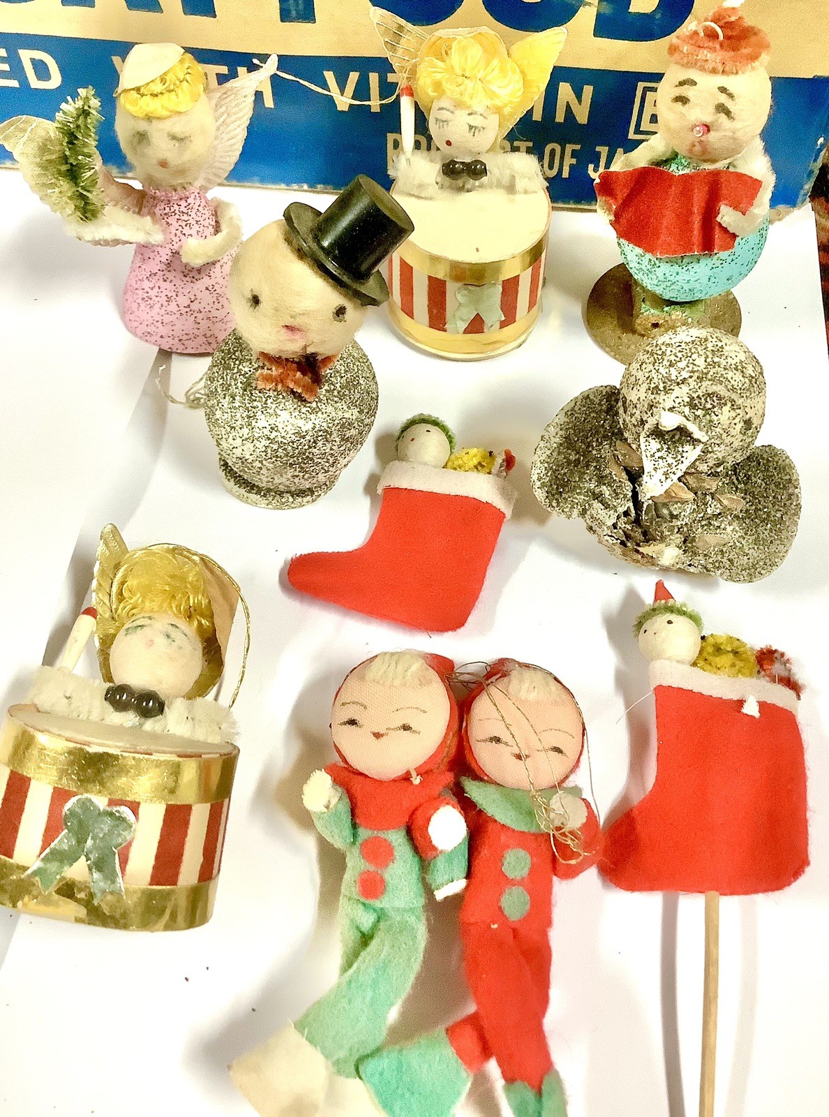 Vintage CHRiSTMaS JaPaN LOT Mica Paper Cotton FeLT Ornament 50s 40s SpuN Kitsch