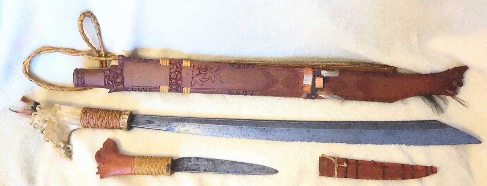 19th Century Antique Dayak Mandau Head Hunter Sword Set 