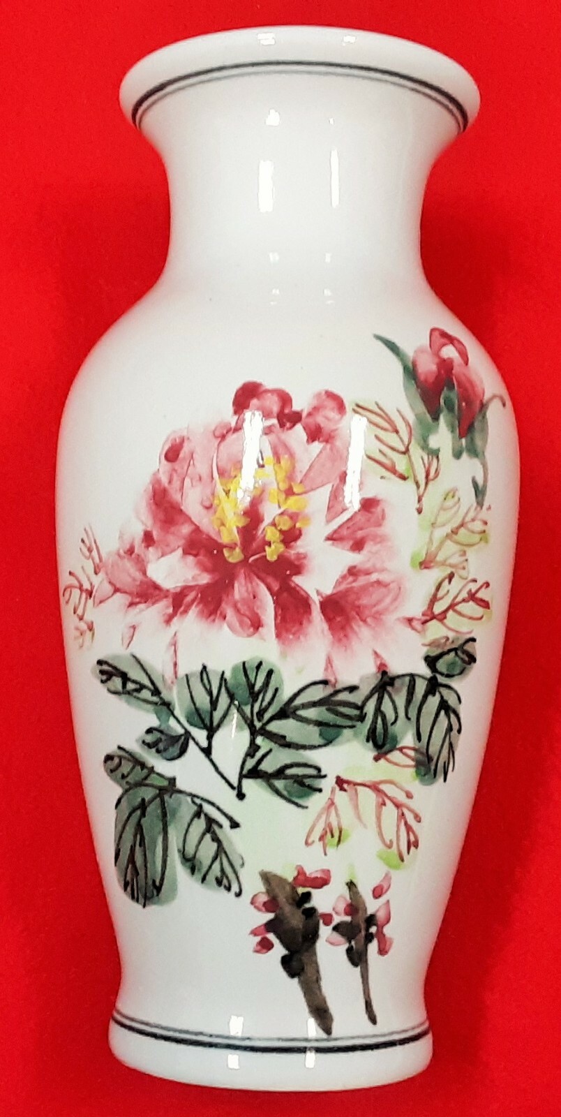 Vtg Chinese White Porcelain Vase Hand Painted Pink Peony Floral Design 8-1/4\