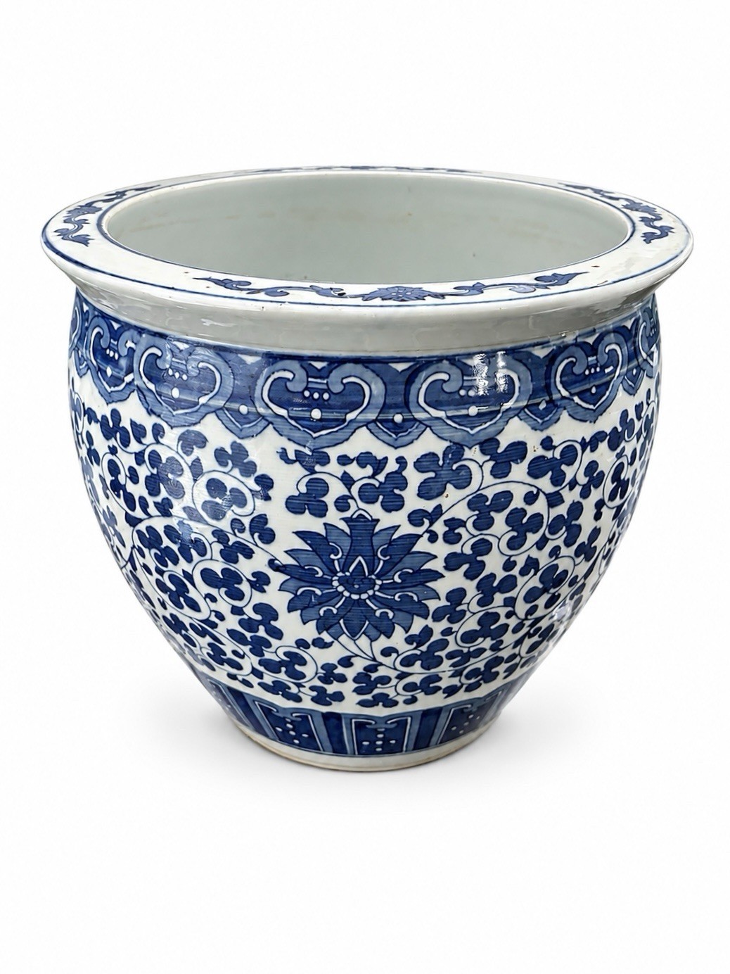 Vintage Blue And White Chinese Porcelain Floral Fish Bowl Planter Jardiniere