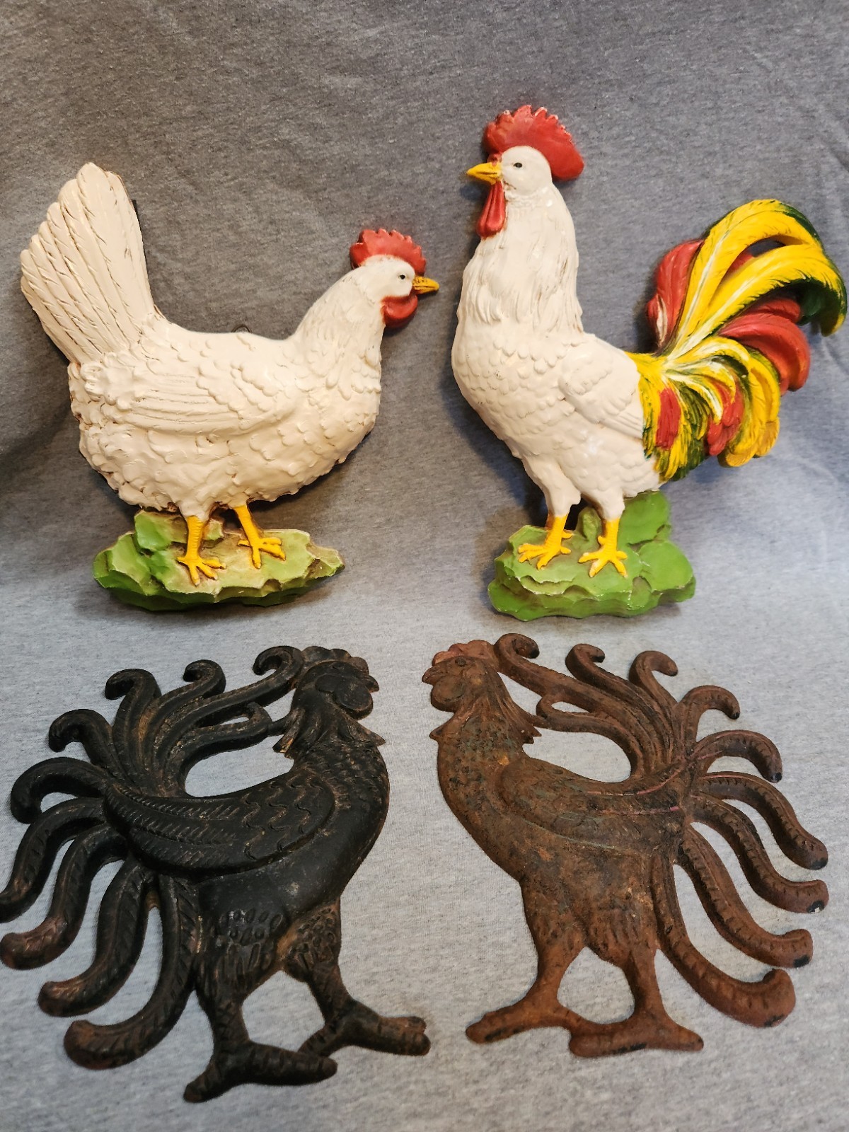 Vintage DECORAMA & HOMCO Cast Iron Rooster Resin Wall Hangings - Lot of 4