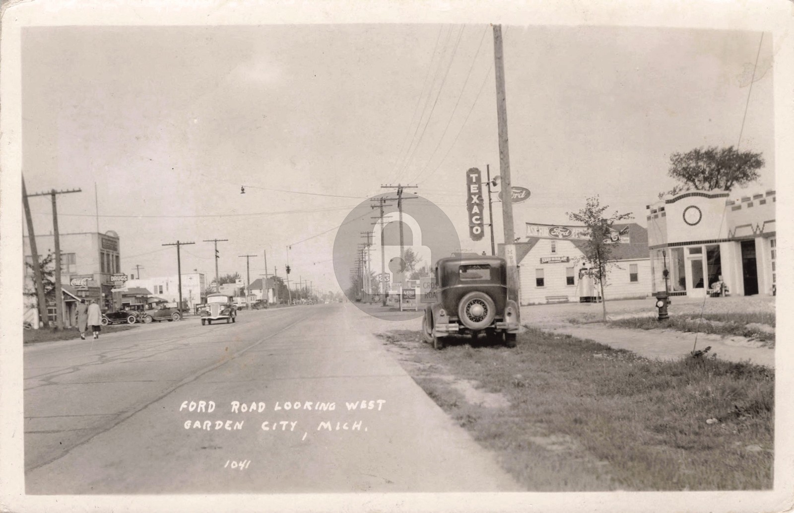 Street View Ford Road Looking West, Garden City MI 1937 RPPC Photo Postcard COPY