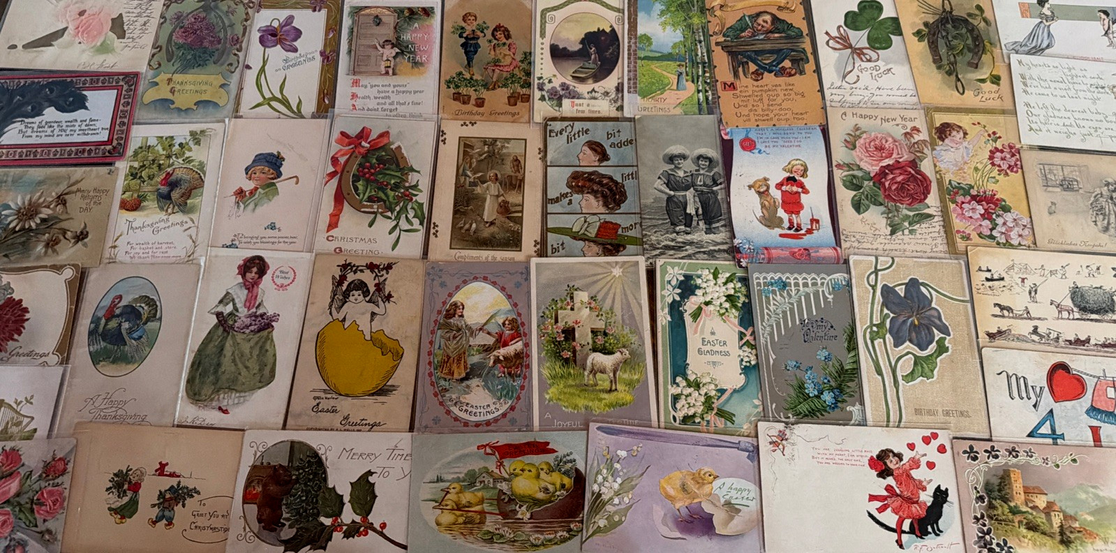 ~Lot of 43 Antique 1900's~Mixed Topics Greetings Postcards~All with stamps-s910