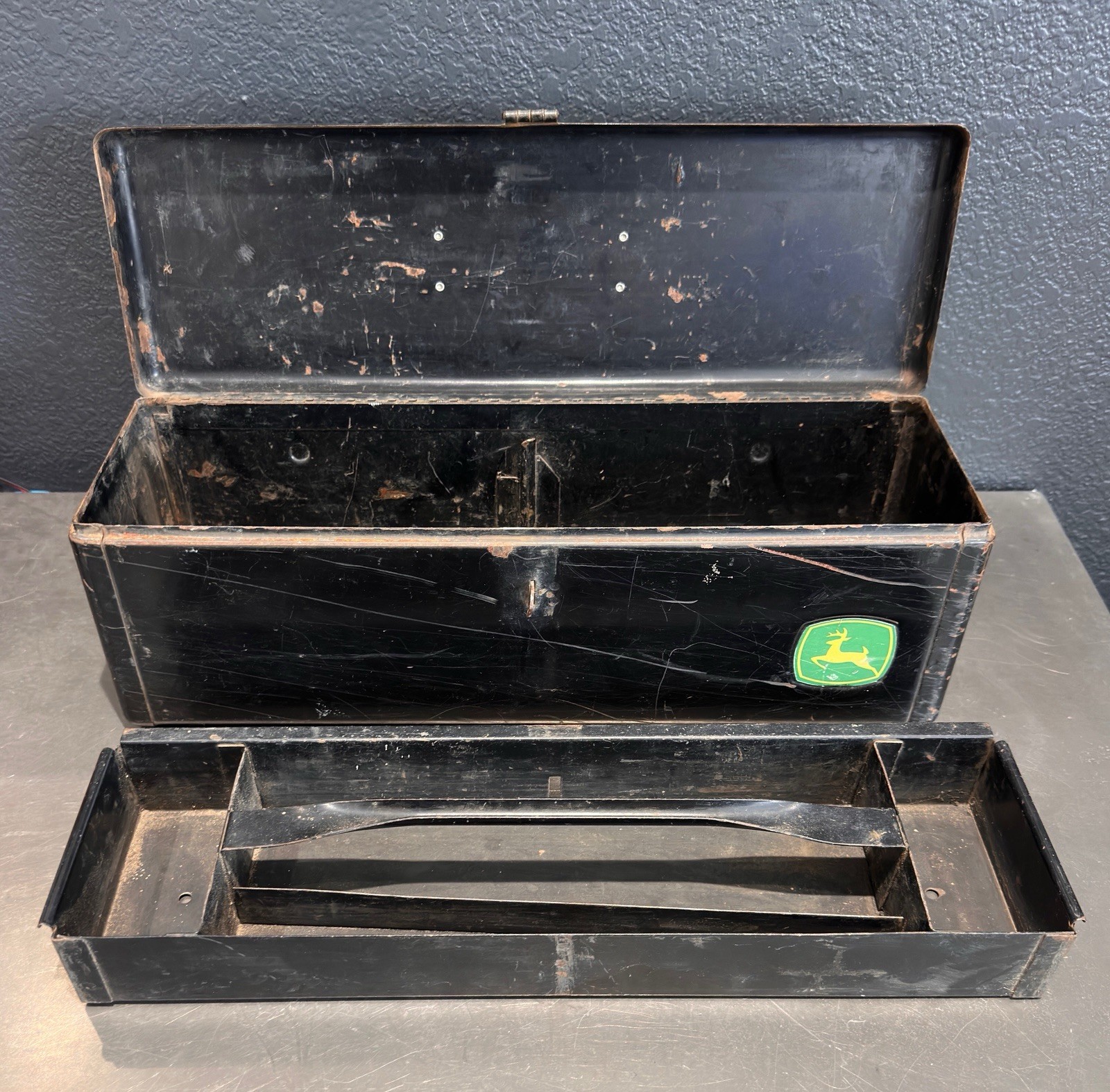 Vintage John Deere Tractor Steel Tool Box 18” with Removable Tray 1950s 1960s