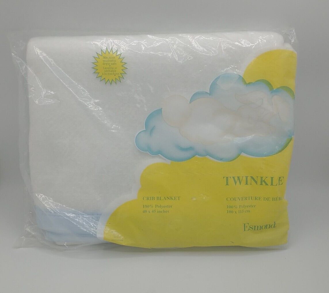 Vintage Esmond Twinkle Baby Crib Blanket White Blue Satin Trim NOS