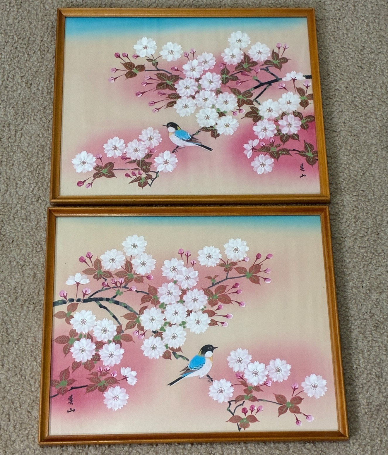 2 VTG MCM Signed Blue Bird on Cherry Blossom Tree Japanese Framed 14x17 Artwork