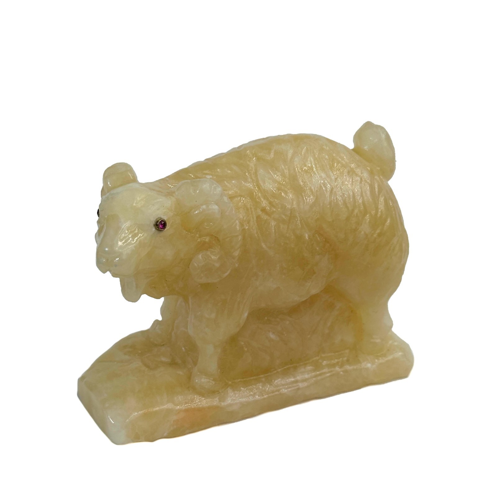 Russian Hand Carved Yellow Hardstone Figurine Ram Tourmaline Eyes