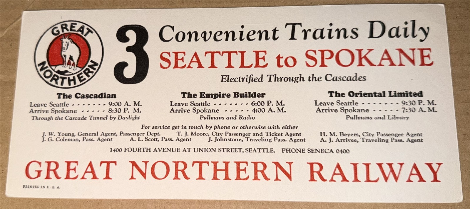 Great Northern Railroad Blotter Seattle - Spokane Electrified Cascades 3 Trains 