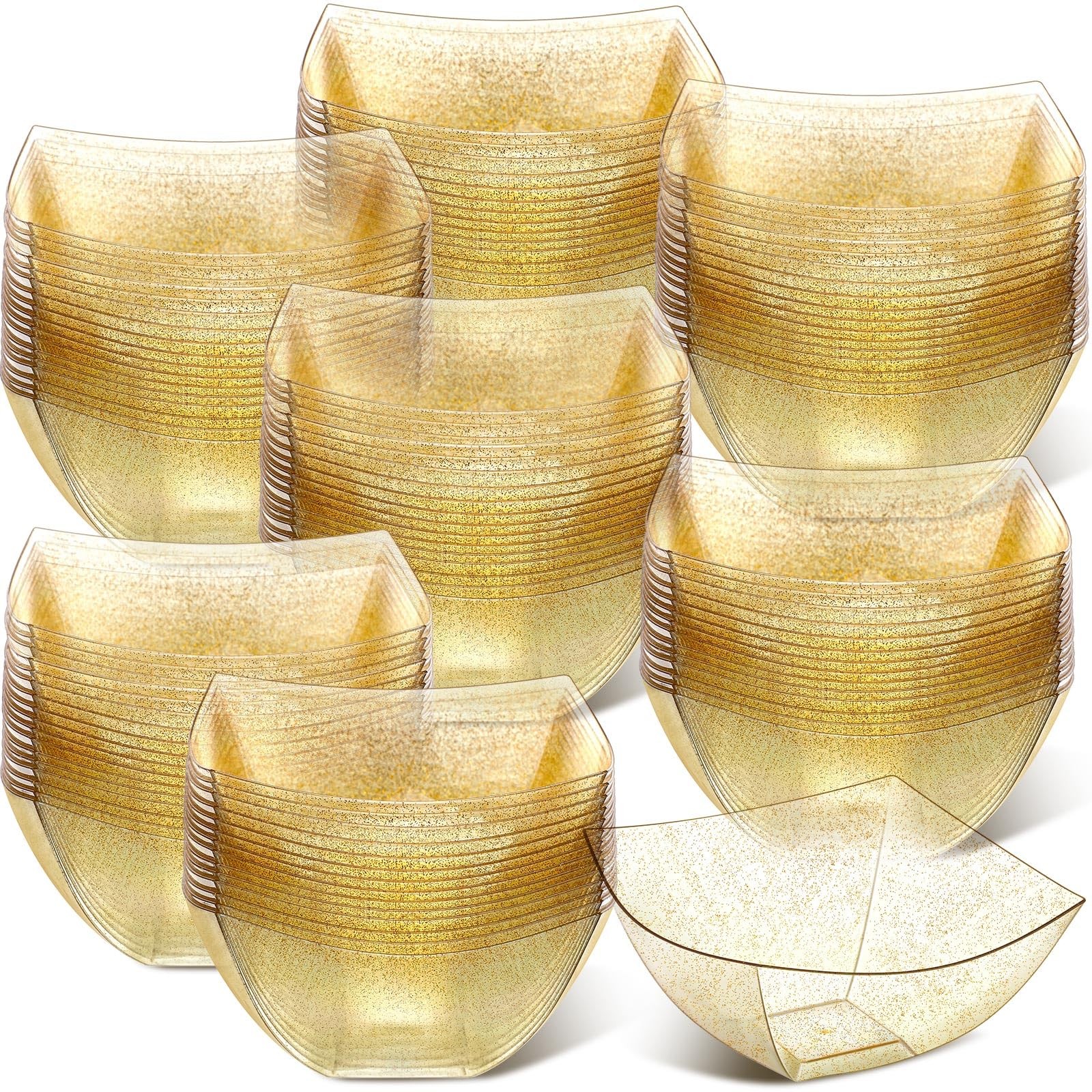 Sliner 100 Pcs Plastic Serving Bowls Disposable Square Gold Glitter 8 oz