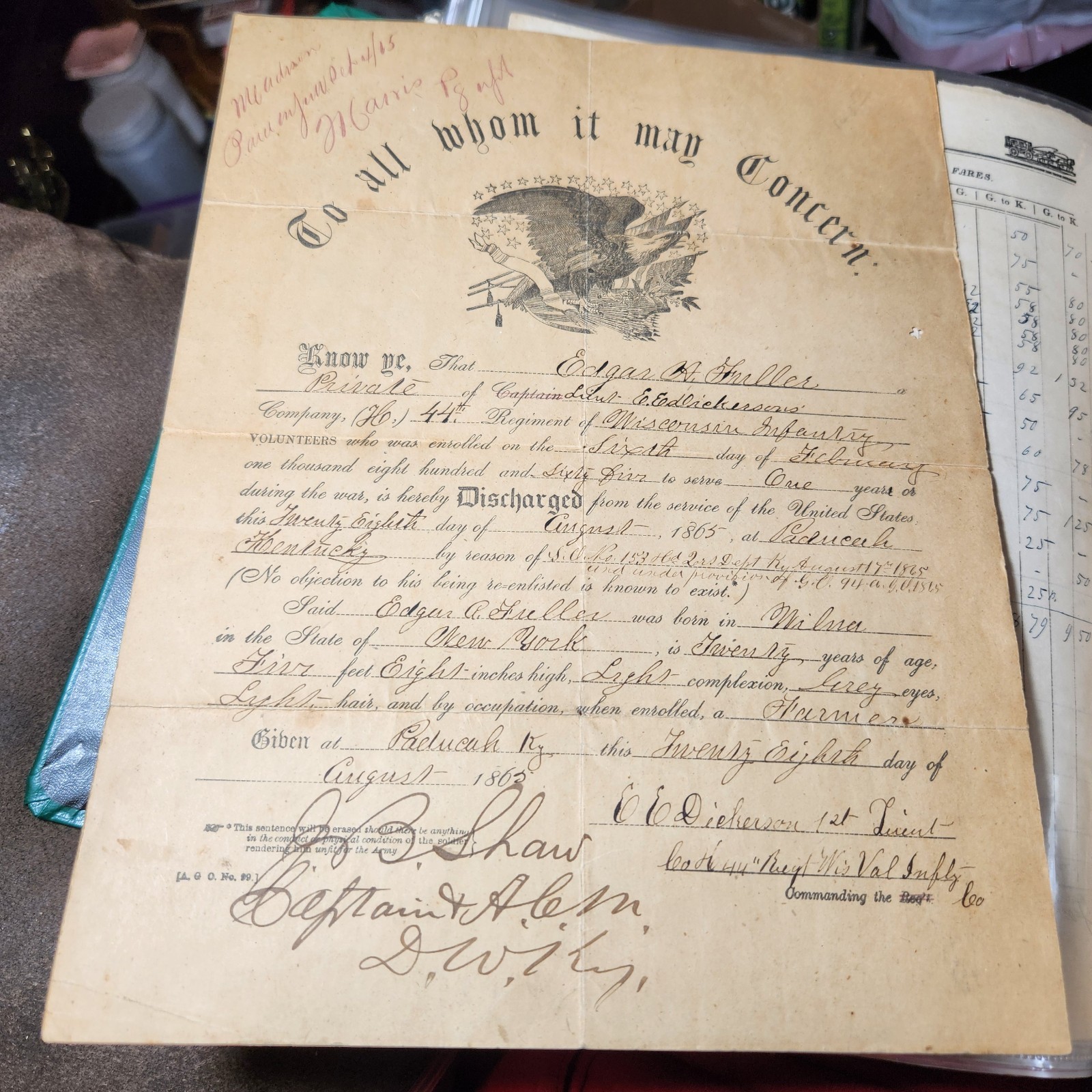 A Civil War Discharge Document For Edgar A. Fuller August 28th 1865.