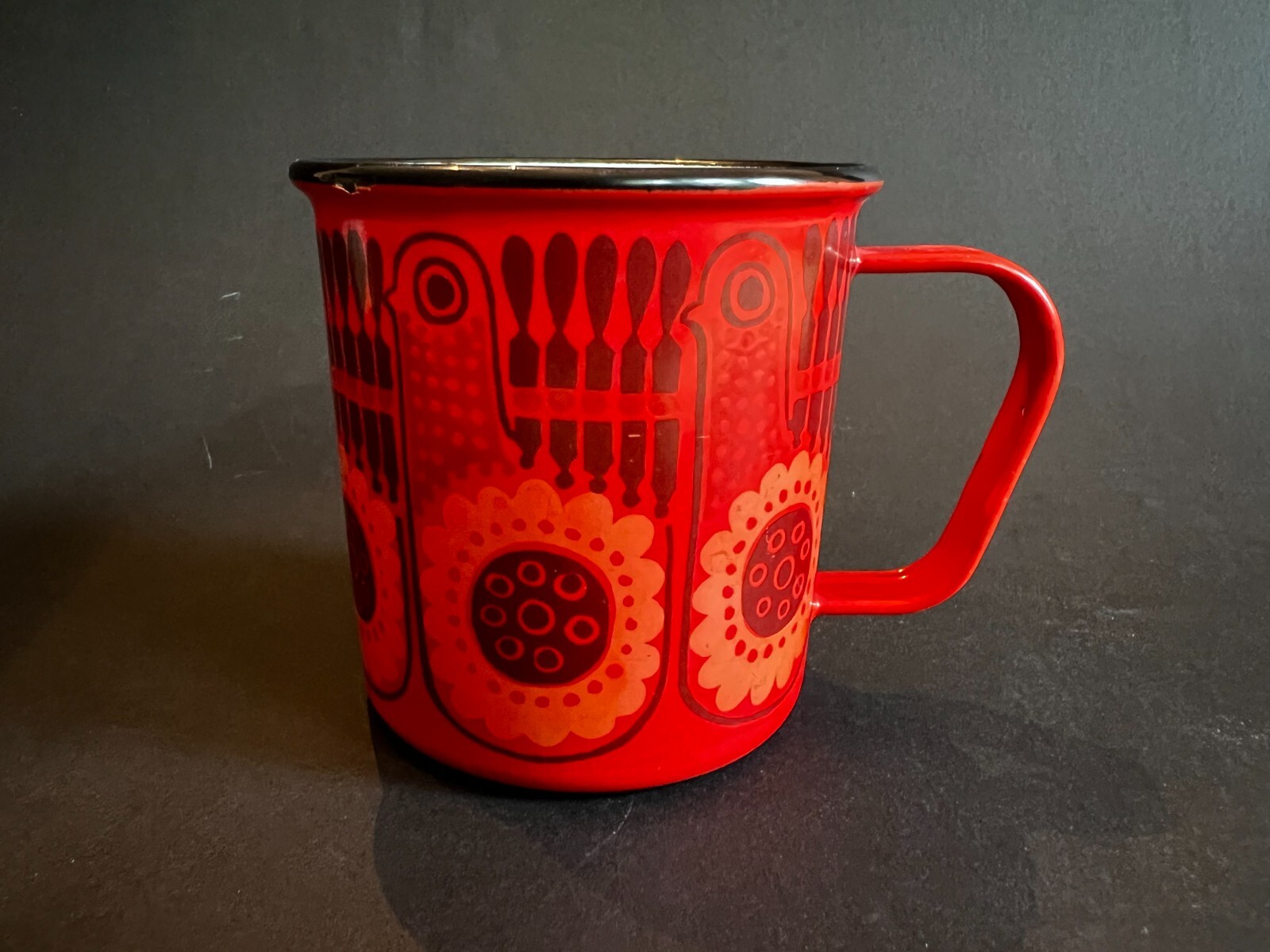 FINEL Red Lintu Bird Enamel Coffee Mug Cup Arabia Finland Vintage MCM Metal B