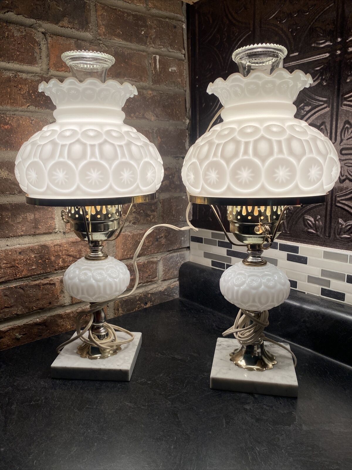 Pair Of Working MCM Marble Base Vintage Moon And Stars Milk Glass Desk Lamps