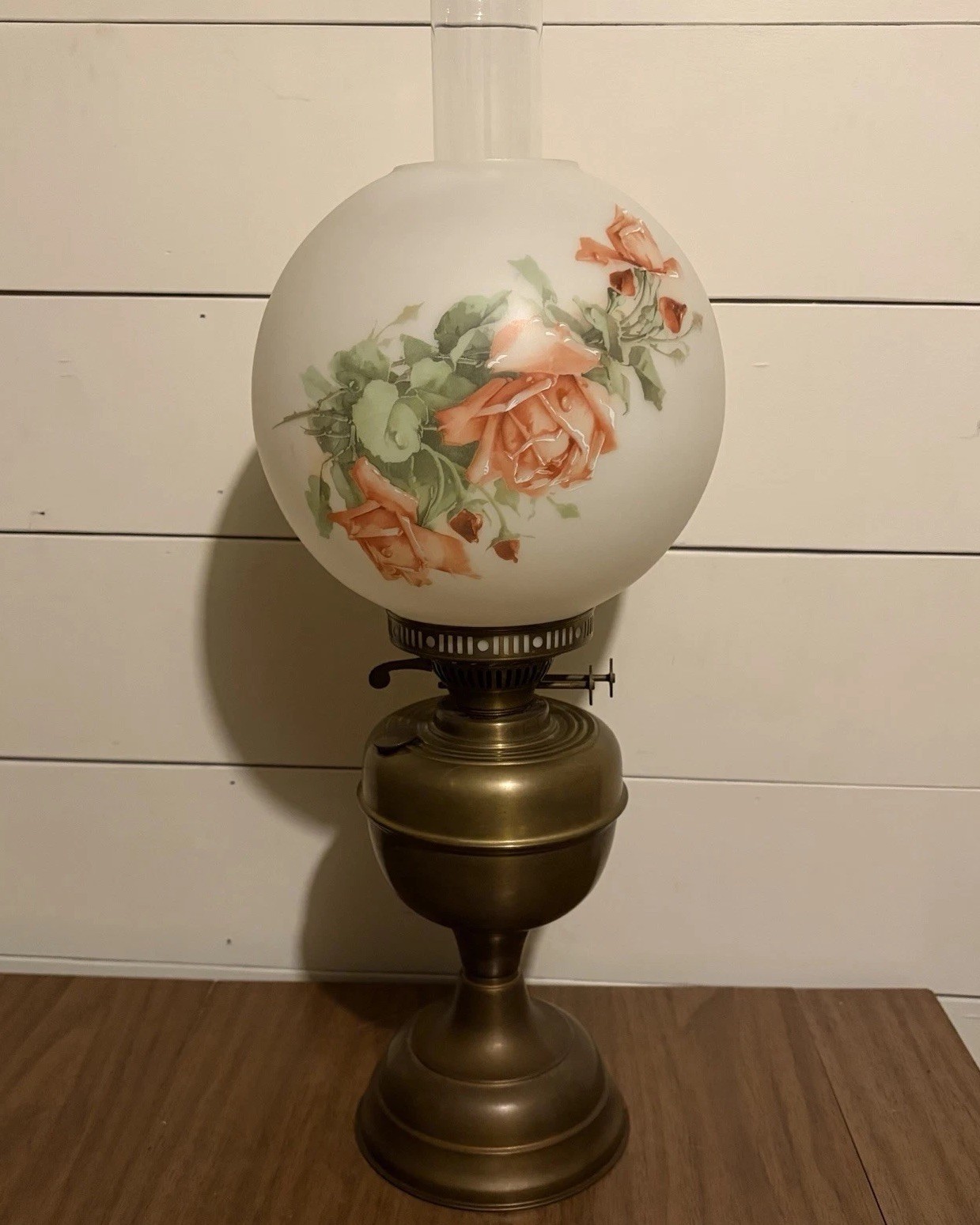 Victorian Oil Lamp Hand Painted Rose Milk Glass Globe Brass Base Antique 23”