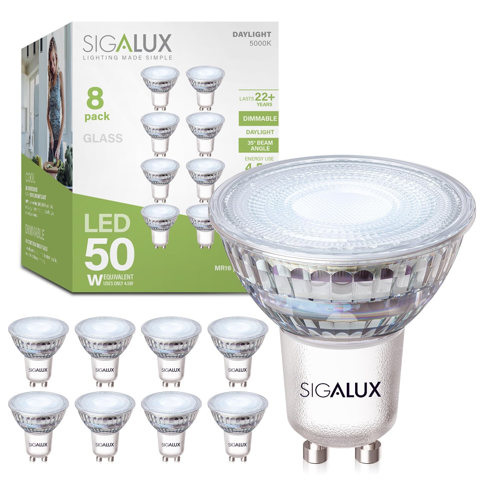 Sigalux GU10 LED Light Bulbs, Dimmable 5000K Daylight White 8 Pack,