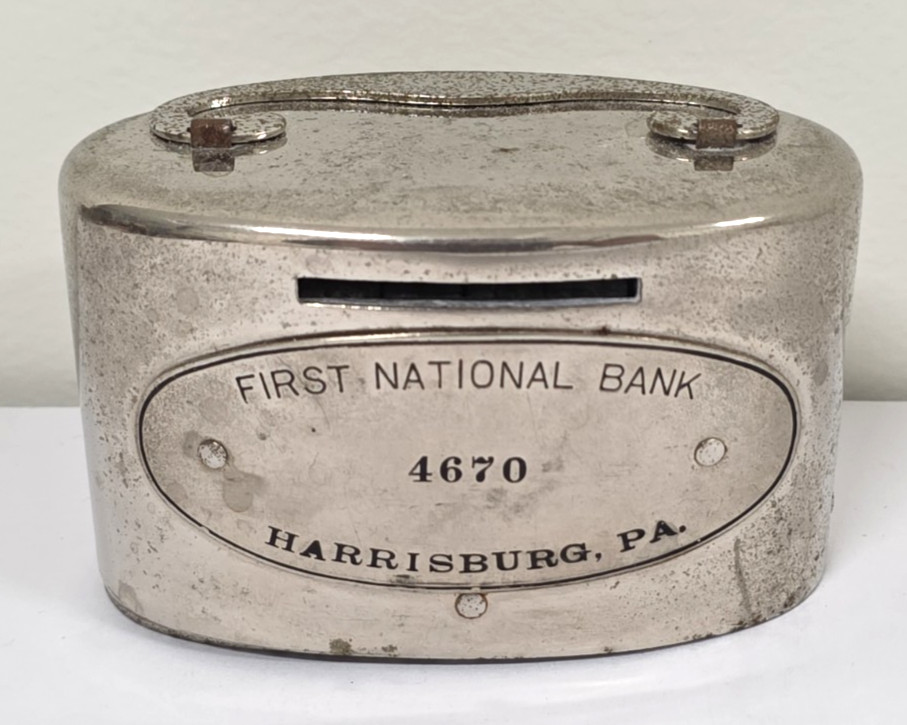 Antique First National Bank Harrisburg PA Metal Coin Savings Bank No 4670